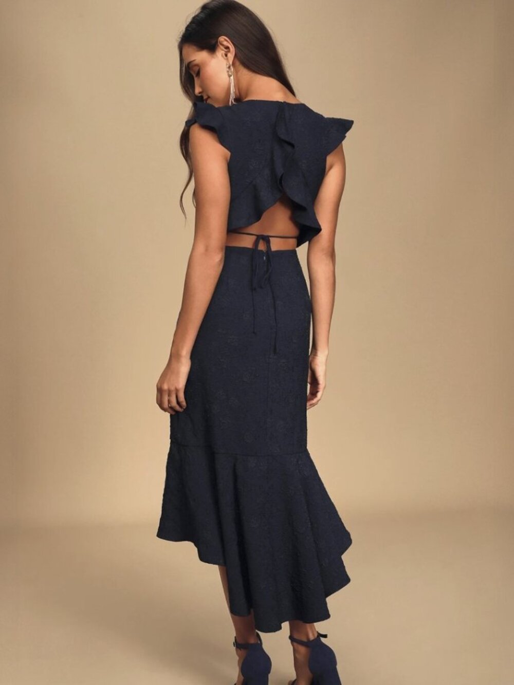 Lulus Sophisticated Soiree Navy Blue Jacquard Backless High-Low Dress NWT - Picture 4 of 8